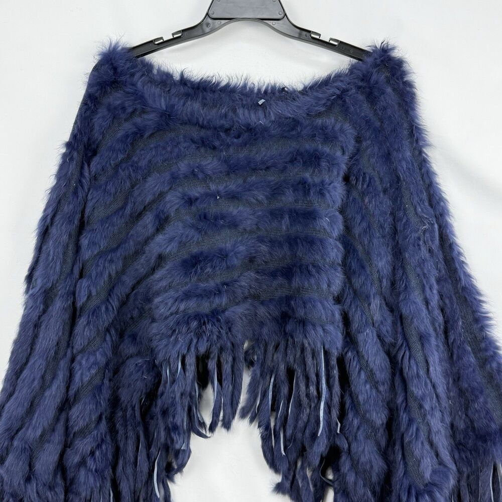 Navy Blue Faux Fur Poncho Cape Fringe Women’s One Size Soft Cozy Wrap - Picture 7 of 14
